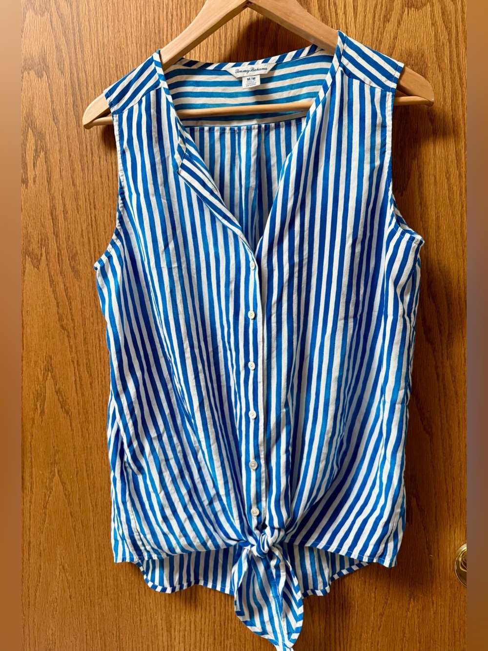 Tommy Bahama Blue and White Vertical Stripe Tie-Hem Silk Sleeveless Blouse